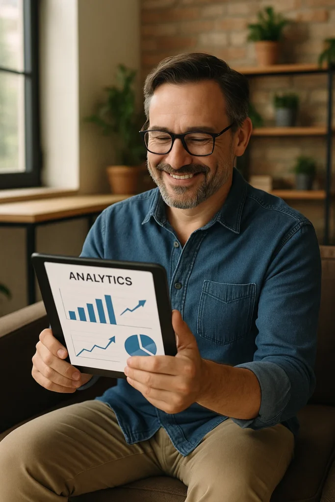 A business owner reviewing simple analytics on a tablet — looking satisfied, seated in a casual workspace. Charts and graphs showing uptrends.