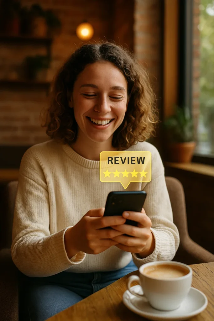 A customer happily leaving a review on their smartphone while sitting in a cozy café or service location. Relaxed, genuine atmosphere, daytime lighting.