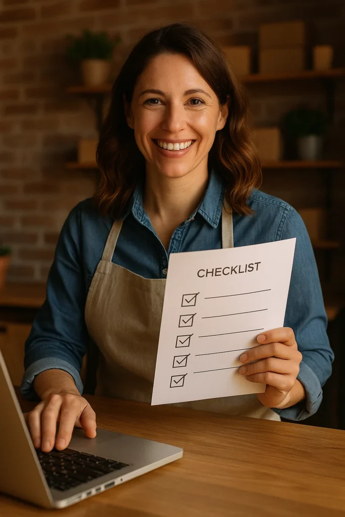 A small business owner confidently taking action - clicking a button on a laptop, making a call, or smiling with a printed checklist.