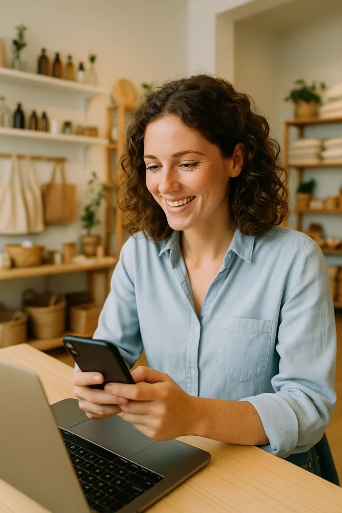 A small business owner creating a social media post on a laptop or phone, with their shop or workspace in the background. Candid angle, bright and modern.