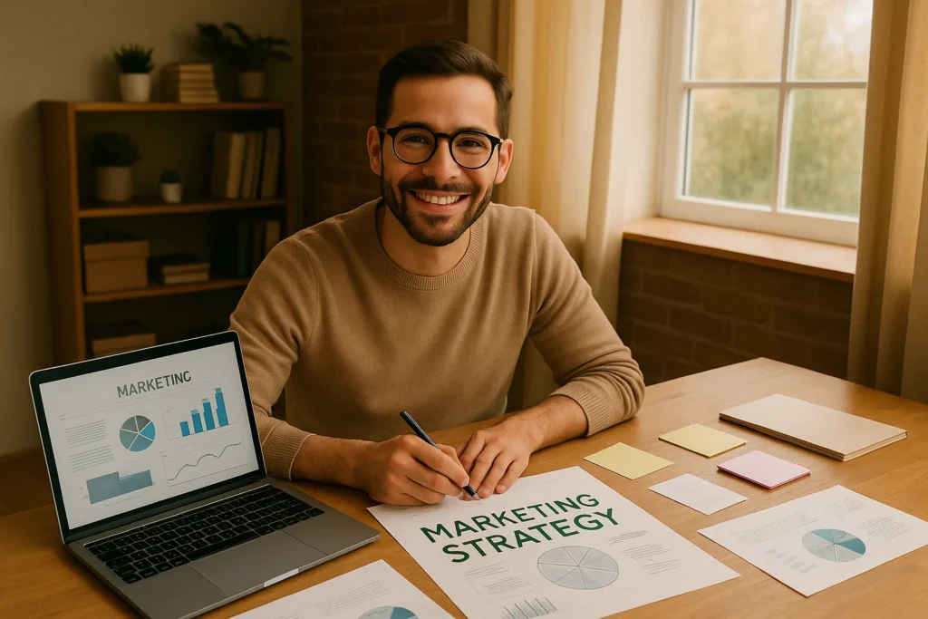 Small business owner planning a low-budget marketing strategy at their desk with laptop and notes