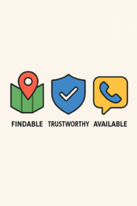 A minimal 3-part graphic icon showing “Findable,” “Trustworthy,” and “Available” as core concepts for business success. Flat design, clean and colorful, infographic-style.