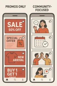 Split-screen comparison: one social feed with only promos, and another with engaging, community-focused content. 